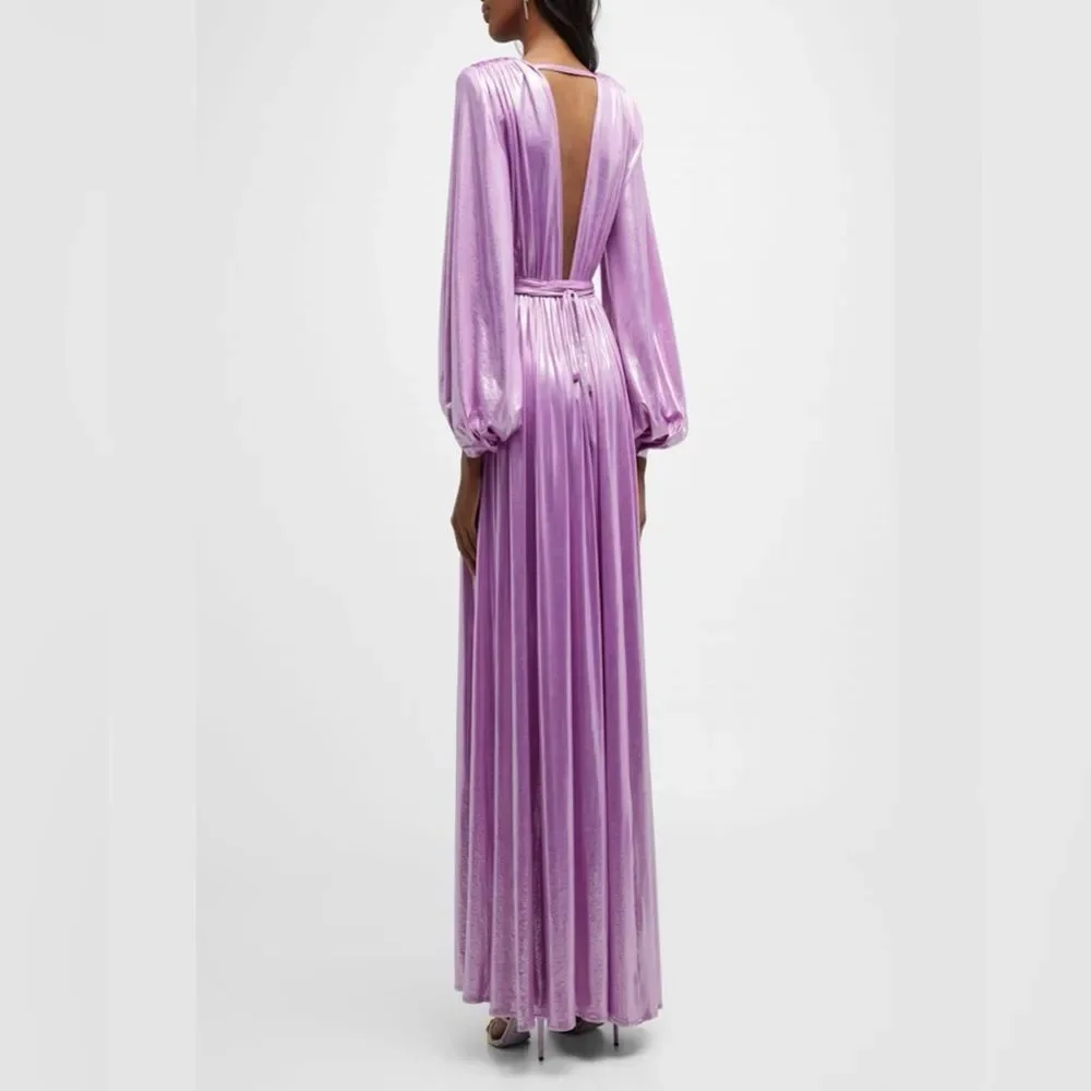 NWOT BRONX AND BANCO Zoe Metallic Blouson-Sleeve Elegant Purple Evening Gown - Picture 3 of 13